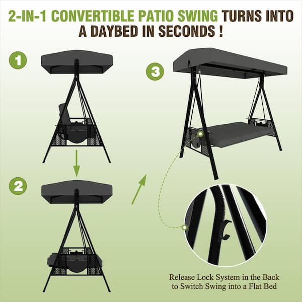 3-Seat Outdoor Metal Porch Swing with Stand, Cushions and Canopy, Dark Grey