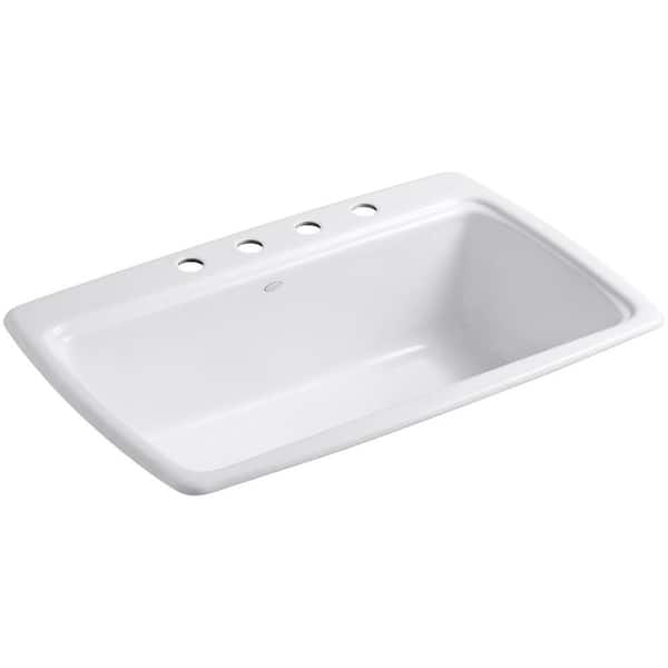 KOHLER Cape Dory Drop-In Cast Iron 33 in. 4-Hole Single Bowl Kitchen Sink in White