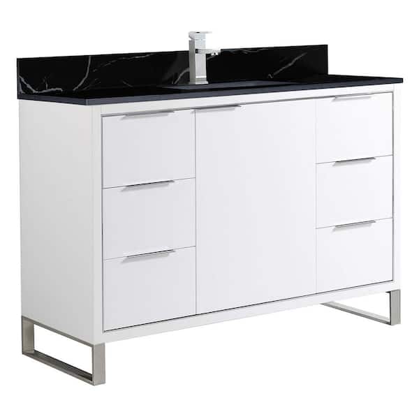 FINE FIXTURES Opulence 48 in. W x 18 in. D x 33.5 in. H Single Sink Bath Vanity in White Matte with Black Marble Top