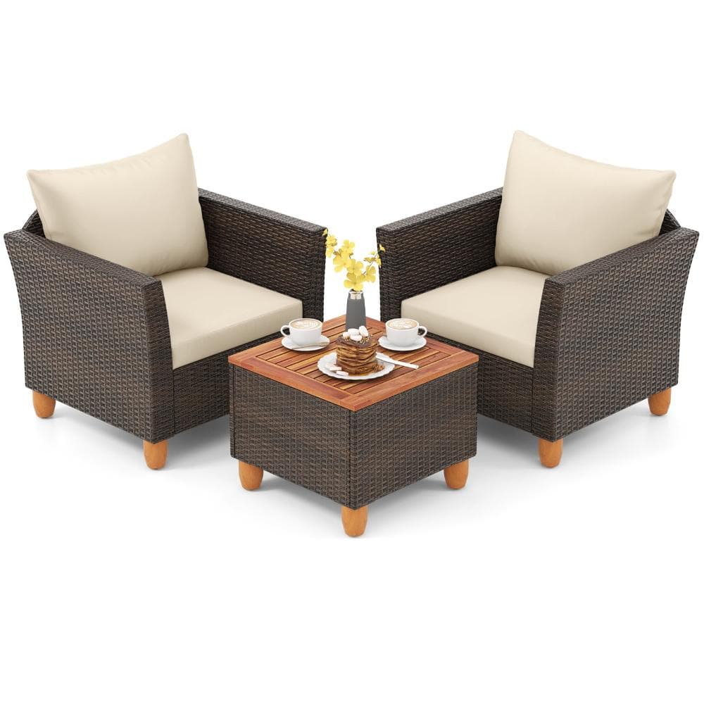 3-Piece PE Rattan Outdoor Patio Conversation Set with Coffee Table and Cushions, Beige price history on PriceWatchPro