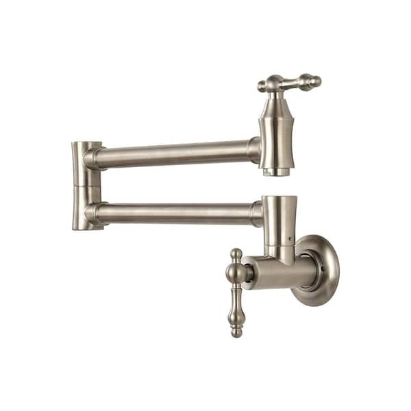 Residential Wall-Mount Retro Pot Filler Faucet with Dual Handles and 20 in. Swing Arm in Brushed Nickel
