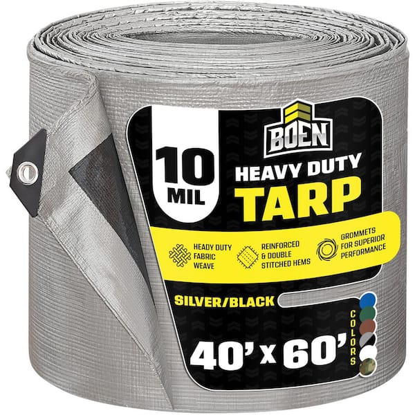 BOEN 40 ft. x 60 ft. Heavy-Duty Commercial Silver/Black Tarp Cover 10 Mil Thick Weave Material, Waterproof