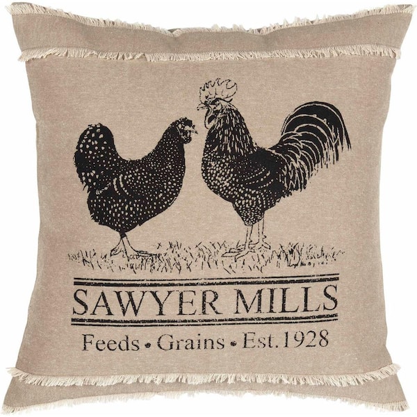 VHC BRANDS Sawyer Mill Charcoal Grey And Khaki Poultry Farmhouse 18 in. x 18 in. Throw Pillow