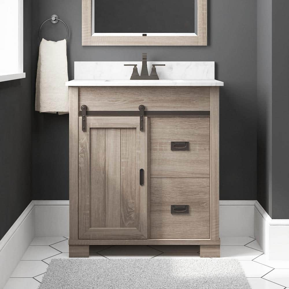 Glacier Bay Brindley 30 in. W x 20 in. D x 35 in. H Gray w/White Engineered Stone Top Single Sink Freestanding Bath Vanity Weathered 