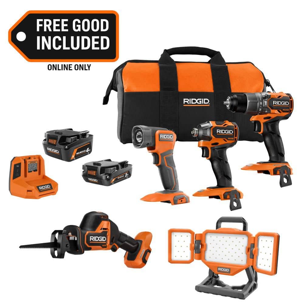 Ridgid 18V NUKE SubCompact Brushless 4-Tool Combo Kit w/ 2Ah, 4Ah Battery, & Charger w/ FREE 18V Hybrid LED Panel Light
