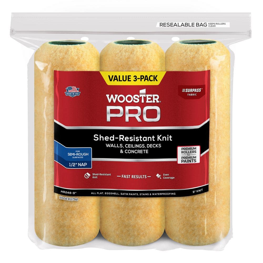 Wooster 9 in. x High-Density Home The 0HR2480090 Cover Fabric (3-Pack) Depot 1/2 Pro Roller Knit Shed-Resistant Surpass in. Applicator/Tool 