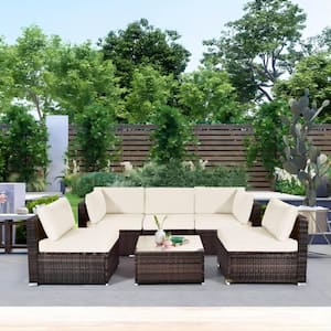 6-Piece Wicker Patio Conversation Set Rattan with White Cushions and Glass Coffee Table