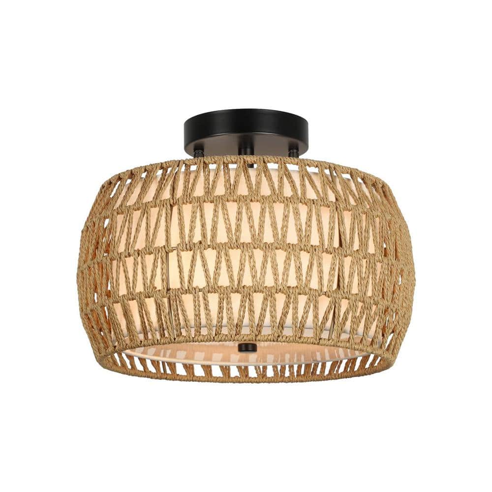PUDO 12.6 in. 3-Light W Flush Mount Rattan Lantern Pendant Light ...