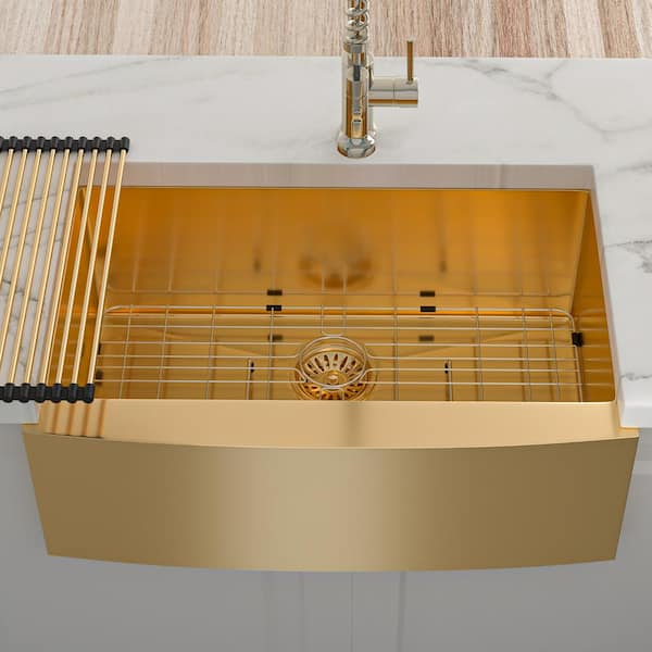 30 in. Farmhouse Single Bowl 16-Gauge Gold Stainless Steel Kitchen Sink with Bottom Grids