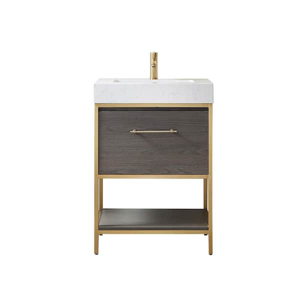 ROSWELL Palma 24 in. W x 22 in. D x 33.9 in. H Single Sink Bath Vanity in Suleiman Oak with White Composite Grain Stone Top