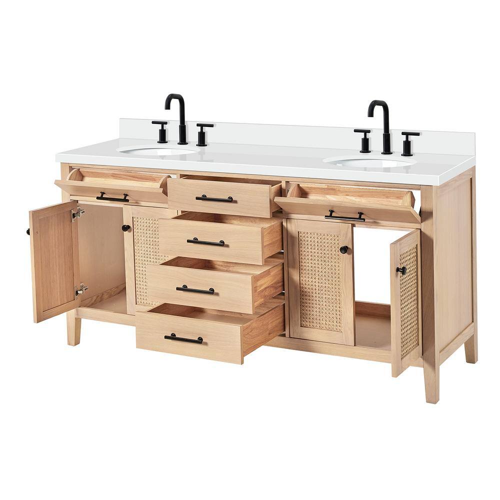 Camila 73" Light Brown Oak Double Sink Vanity with White Quartz Top