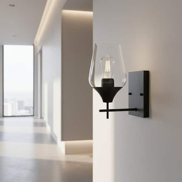 13 in. 1-Light Black Industrial Wall Sconce with Wine Glass Shade for Bathroom
