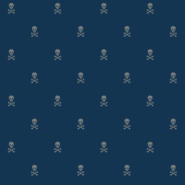 The Wallpaper Company 8 in. x 10 in. Blue Skull and Cross Bones Wallpaper Sample