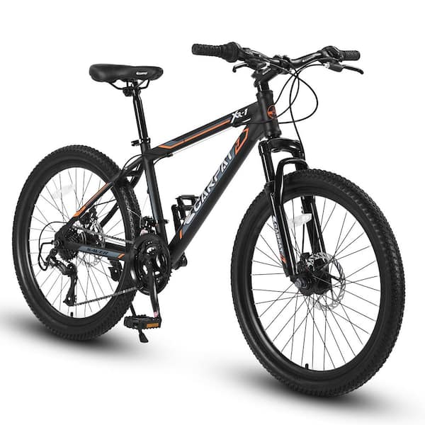 24 in. Steel Frame Bike Shimano 21 Speed Mountain Bicycle with Daul Disc Brakes and Front Suspension MTB Black+Orange