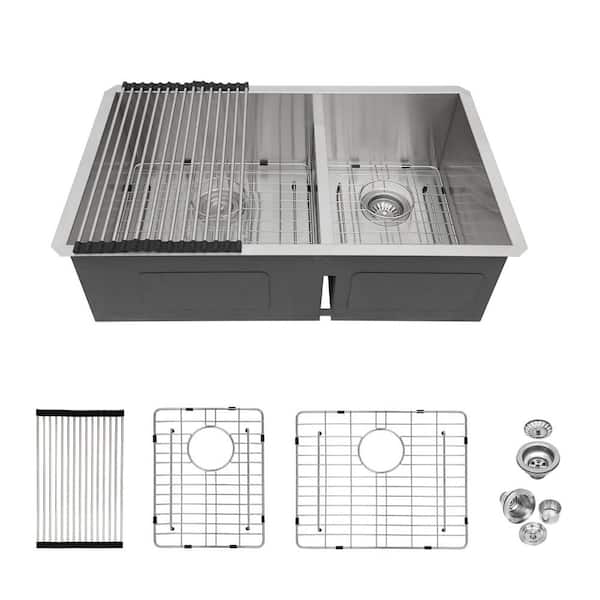 33 in. Drop-in 60/40 Double Bowl 16 Gauge Brushed Nickel Stainless Steel Kitchen Sink and Bottom Grids