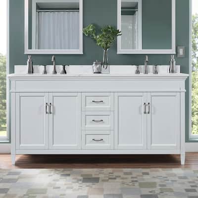 Ashburn 73 in. Double Sink White Bath Vanity with Carrara White Engineered Marble Top (Assembled)