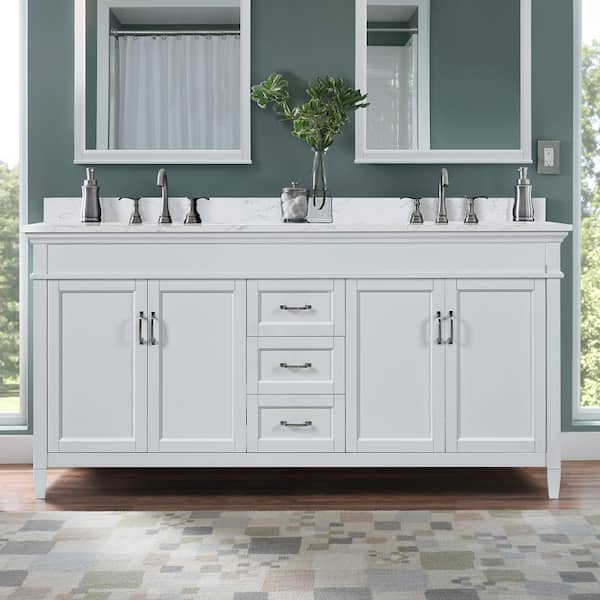 Home Decorators Collection Ashburn 73 in W x 22 in D x 39 in H Double Sink Freestanding Bath Vanity in White w/ Carrara Marble Engineered Stone Top