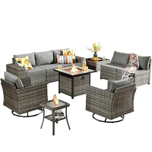 Tahoe Grey 10-Piece Wicker Swivel Rocking Outdoor Patio Conversation Sofa Set with a Fire Pit and Grey Cushions