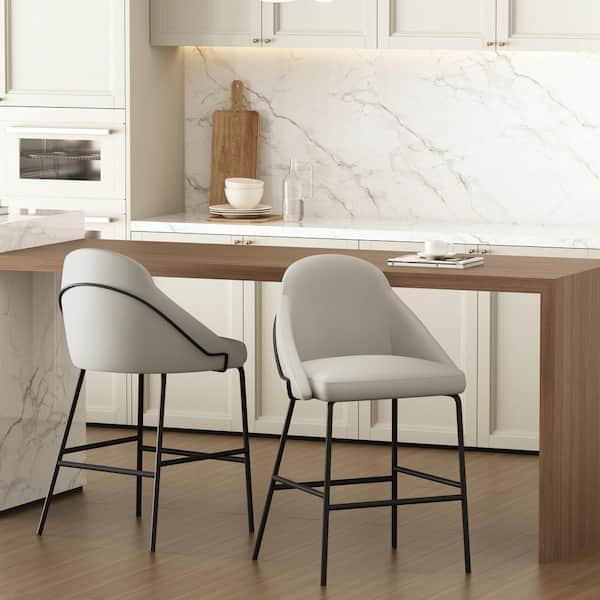 Gracie 26 in. Modern Stone and Black Metal Frame Counter Height Bar Stool with Faux Leather Upholstered Seat (Set of 2)
