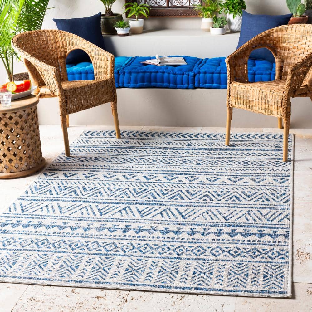 Blue and White Flat Woven Synthetic 10' x 14' Area Rug
