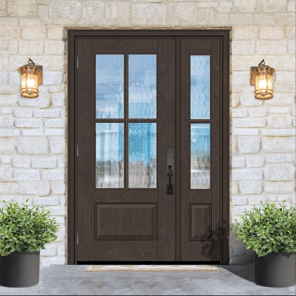 Regency 51 in. x 80 in. 3/4 Lite 4SDL Oasis Deco Glass RHOS Prefinish Hickory Fiberglass Prehung Front Door 1 12 in. SL