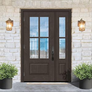 Regency 53 in. x 80 in. 3/4Lite 4SDL Oasis Deco Glass RHOS Prefinish Hickory Fiberglass Prehung Front Door w/1_ 14inSL