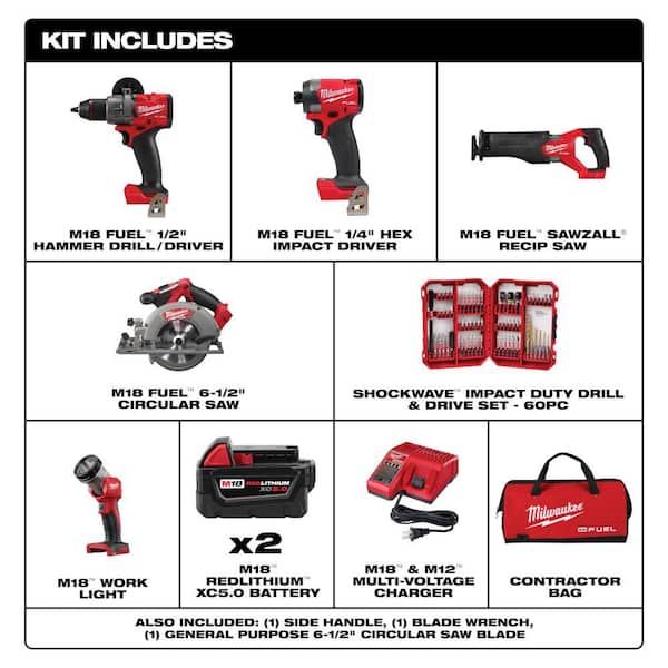 M18 FUEL 18V Lithium-Ion Cordless Combo Kit (5-Tool) w/ 2 5.0 Ah Batteries, Charger & 60 PC SHOCKWAVE Impact Bit Set