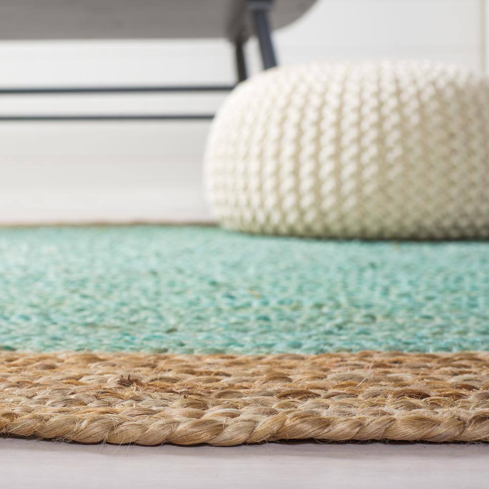 Aqua and Natural Round Braided Jute Rug, 4' Diameter