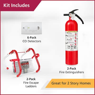 2-Story Home Fire Safety Kit, 6-Pack Battery CO Detector with 2-Pack Fire Escape Ladder & 2-Pack Fire Extinguisher