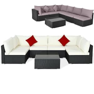 7-Pieces Rattan Patio Conversation Sectional Furniture Set with Cushion Pillow