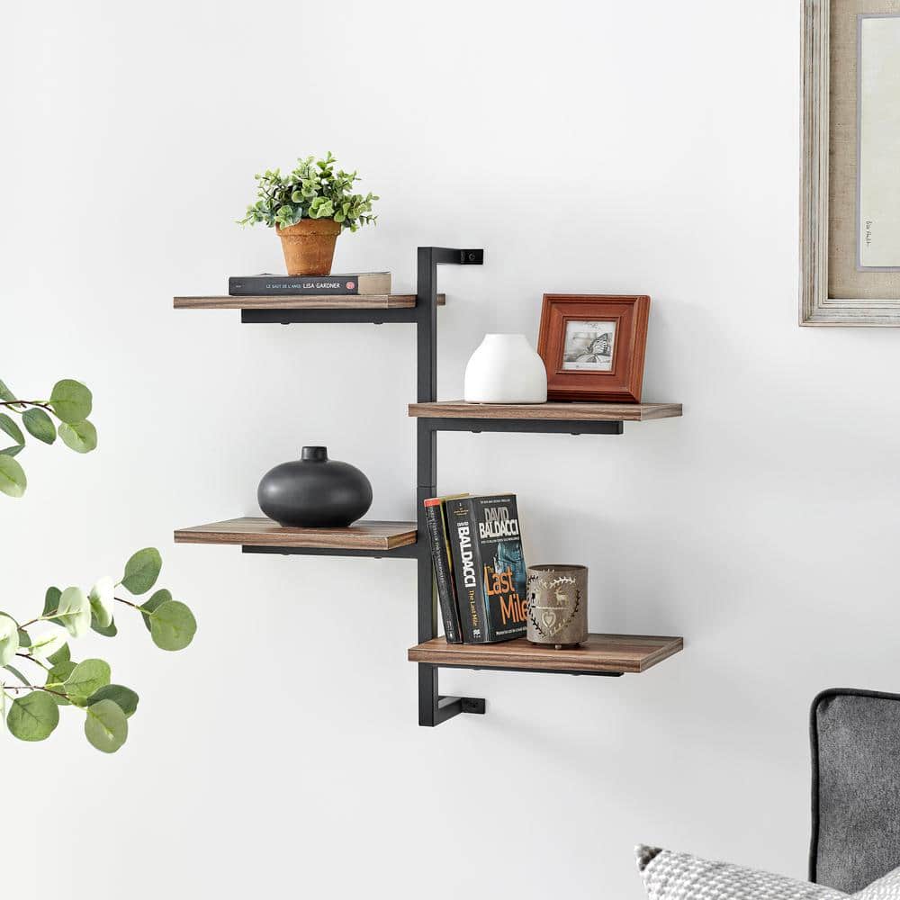 Black Iron and Wood 4-Tier Floating Wall Shelf