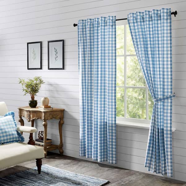 VHC BRANDS Annie Buffalo Check 40 in W x 84 in L Light Filtering Rod Pocket Window Panel in Blue White Pair