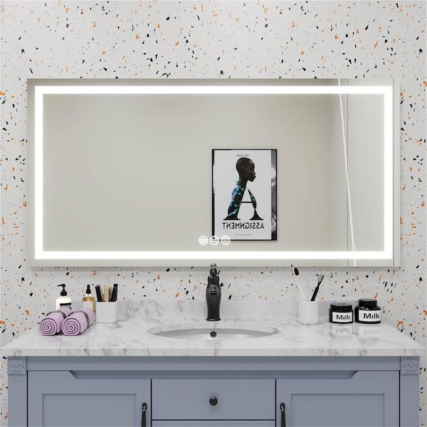 MYCASS 72 in. W x 36 in. H Large Rectangular Frameless Wall Anti-Fog LED Light Dimmable Bathroom Vanity Mirror in RGB