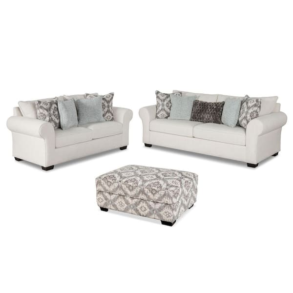 Ayala 3-Piece White Polyester Upholstered Living Room Set with Ottoman, Sock Rolled Arms, Loose Back Cushion