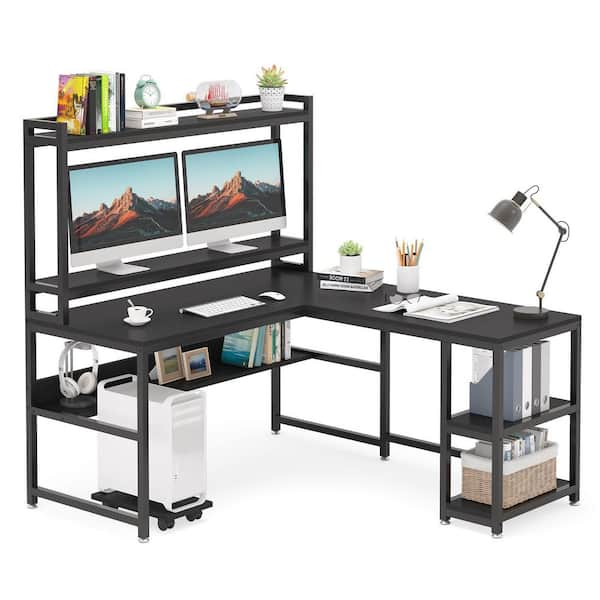 Tribesigns Reversible L Shaped Computer Desk with Storage Shelf and Monitor Stand, Black Faux Marble