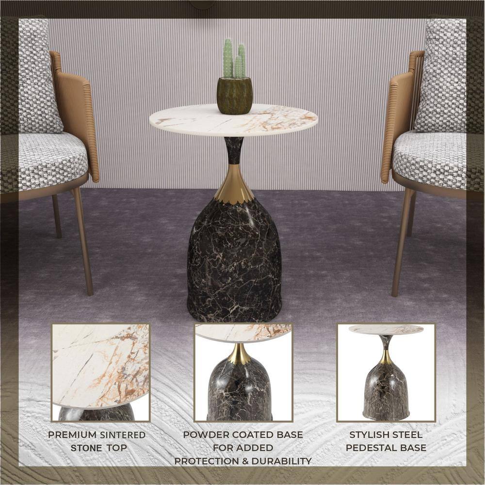 Marbled Brown Round Sintered Stone Side Table with Gold Neck