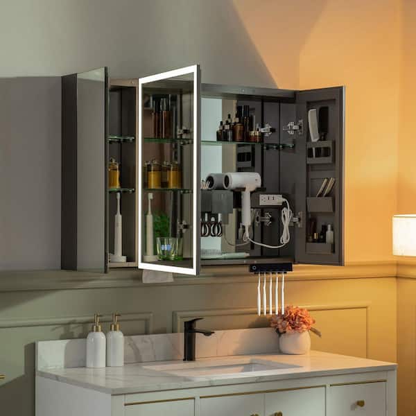 39.4 in. W x 27.75 in. H Large Rectangular Aluminum Surface Mount 3-Door LED Lighted Medicine Cabinet with Mirror