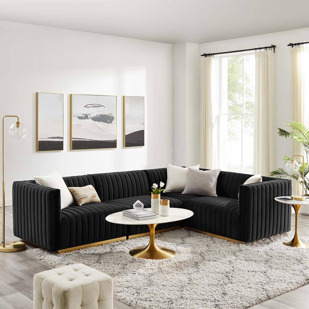 Black and Gold Velvet Tufted 4-Piece Sectional Sofa