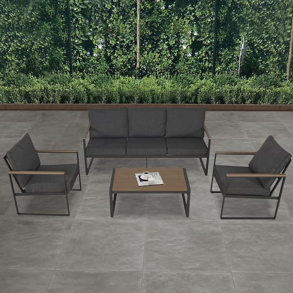 Tenleaf 4-Piece Metal Outdoor Sofa Sectional Set Patio Seating Sets Conversation Sets with Black Cushions