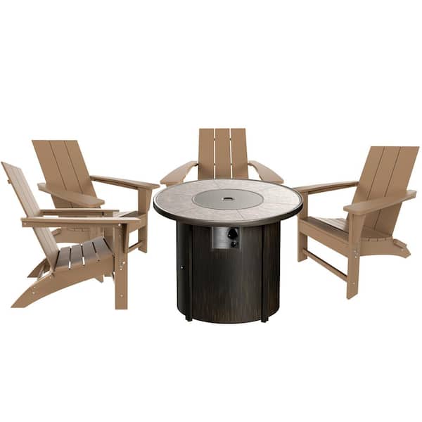 WESTIN OUTDOOR Shoreside Weathered Wood 5-Piece HDPE Plastic Round Fire Pit Patio Conversation Set