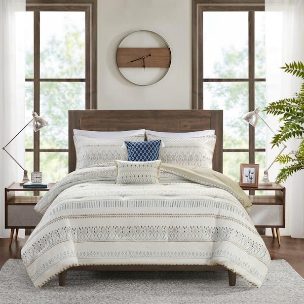 Madison Park Joshua 5-Piece Taupe/Blue Microfiber Full/Queen Comforter Set