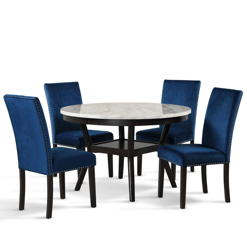 Celeste 5-Piece Blue Velvet and Faux Marble Dining Set