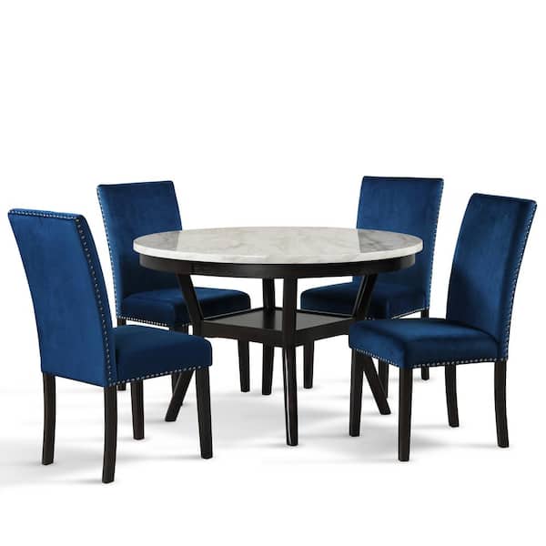 New Classic Furniture Celeste 5-Piece Round Faux Marble Top Dining Set, Espresso/Blue