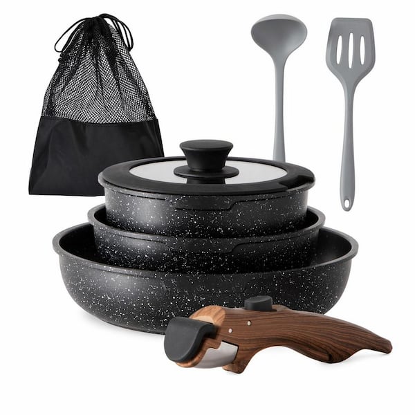 10-Piece Nonstick Granite Cookware Set with Removable Handle, Stackable Induction Pans in Black