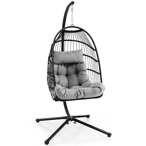 Metal Hanging Egg Chair Patio Swing with Stand Waterproof Cover Folding Basket Grey Cushions