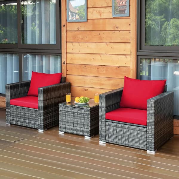 Liviza 3-Piece Wicker Patio Conversation Set with Red Cushions and Tempered Glass Table Top