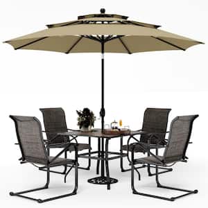 Black 6-Piece Metal Patio Outdoor Dining Set with Wood Finish Square Table, Umbrella and Textilene C-Spring Chairs