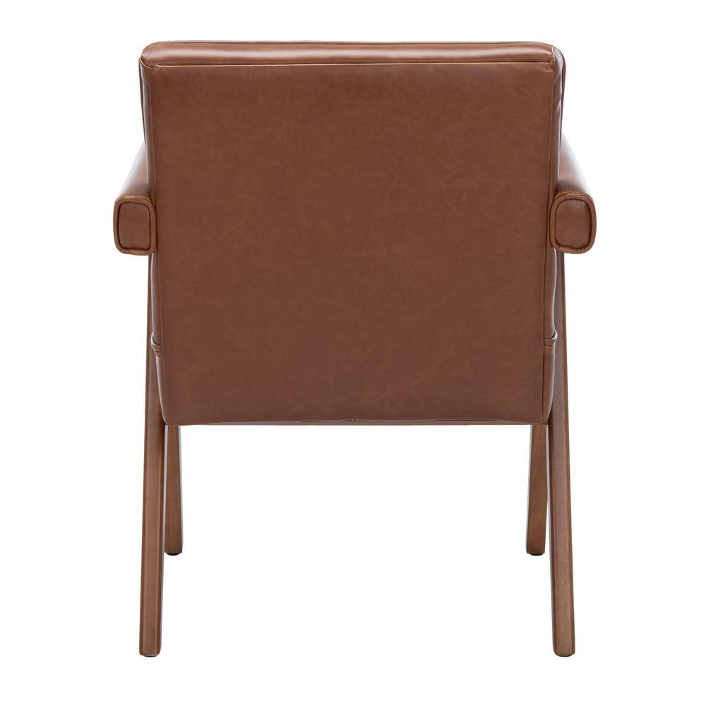 Contemporary Cognac Faux Leather Arm Chair with Walnut Finish