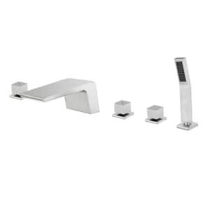 3-Handle Deck-Mount Roman Tub Faucet with Hand Shower, Waterfall Spout Bathtub Shower Faucet 5 Hole in Brushed Nickel