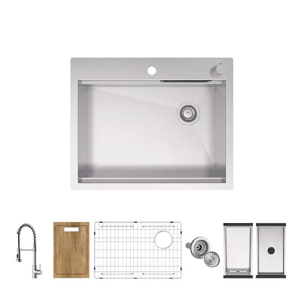 Glacier Bay 27 in. Drop-In Single Bowl 18-Gauge Stainless Steel Workstation Kitchen Sink with Waterfall and Pull-Down Faucet